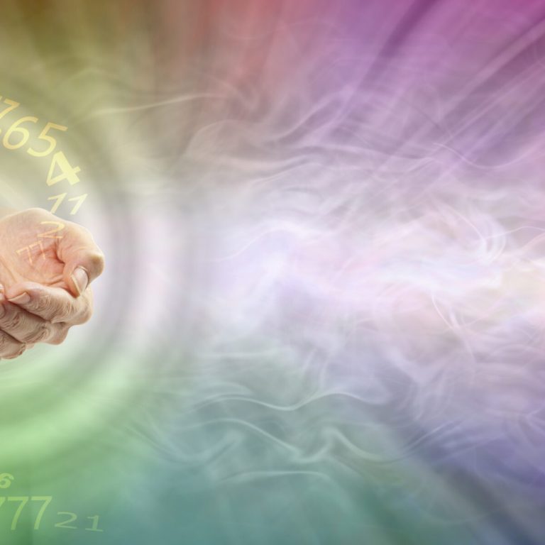 Spiralling Rotating stream of random numbers flowing into cupped hands against a rainbow coloured flowing energy field background with copy space